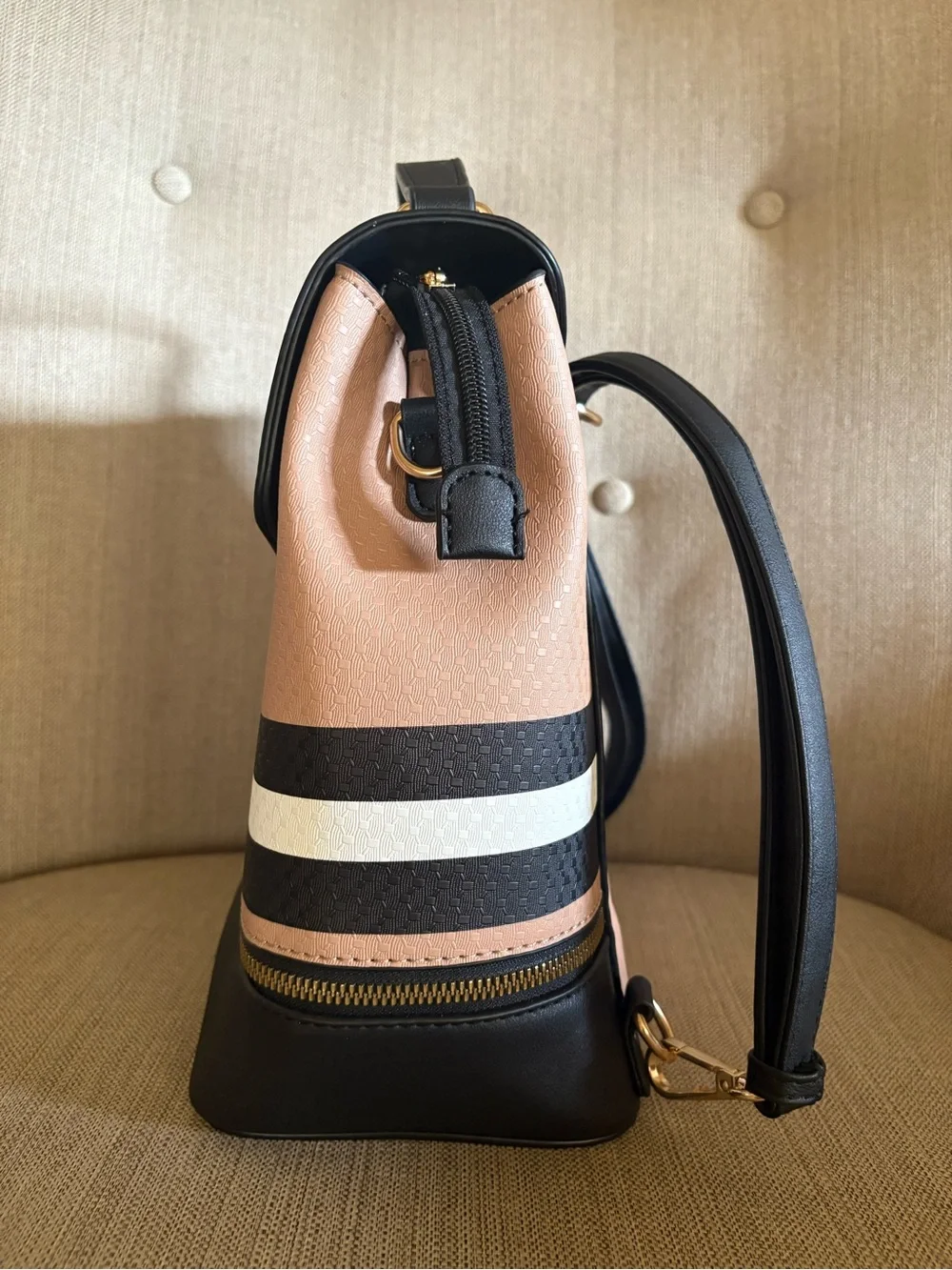 Striped Panel Handbag Backpack and Wallet Set - Black and Tan